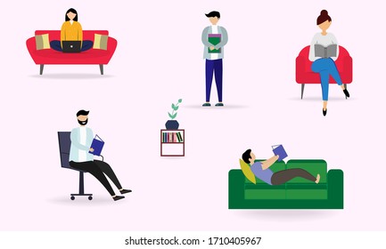 Vector illustration. Collected people, reading or students, are working out and preparing for the exam. A set of book lovers, readers, lovers of contemporary literature.