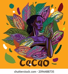 Ilustración vectorial de la recolección de granos de cacao de un árbol. Niña con piel oscura en un fondo de hojas y granos de cacao. Historia del chocolate, el chocolate, el frijol de cacao, méxico, cosecha, naturaleza