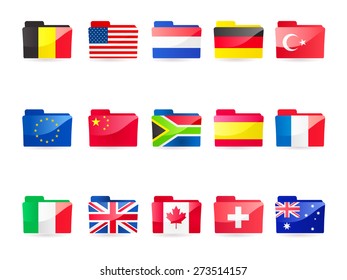 A vector illustration collection of 15 flag folders:- Belgium,  European Union, Italy, USA, China, UK, Netherlands, South Africa, Canada, Germany, Spain, Switzerland, France, Turkey and Australia