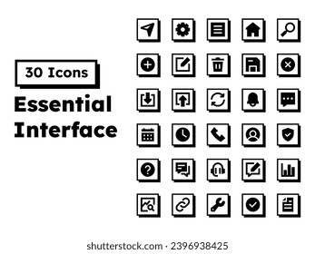 Colección de Ilustración Vectorial de 30 Iconos de Interfaz Esenciales en Estilo Neo Brutalismo Negro y Blanco