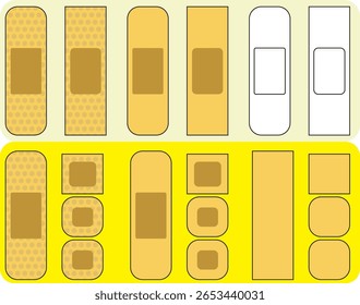 Ilustração vetorial de uma coleção de ataduras adesivas em diferentes formas e tamanhos. Ideal para conceitos médicos, de assistência médica e de primeiros socorros. Estilo simples e limpo, adequado para web, impressão e educação