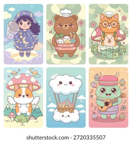 Vector illustration collection of adorable whimsical characters and fantasy elements for stickers, greeting cards, and nursery decor.