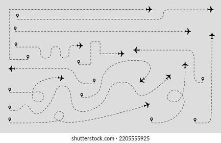 vector illustration of a collection of airplane routes with various shapes