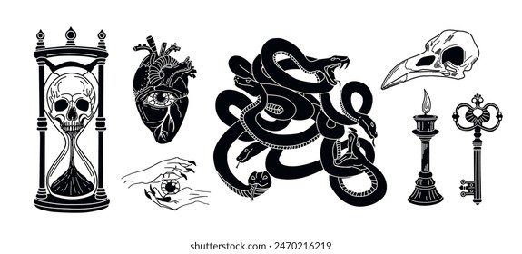 Vector illustration. Collection of alchemical elements. Eye in the heart. Gothic style. The snakes are tangled. Set of mystical elements. Hourglass and skull. Black and white illustration.