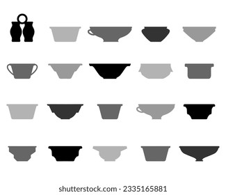 Vector illustration with collection of ancient ceramic objects. Set with plates made on potters wheel. Black and gray ceramic object flat silhouette style. Traditional utensils. Smoked ceramics