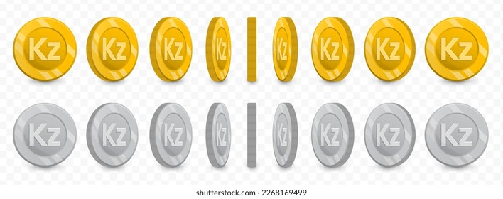 Ilustración vectorial de una colección de monedas de kwanza angoleña en colores dorados y escala de grises aisladas en fondo transparente (PNG).