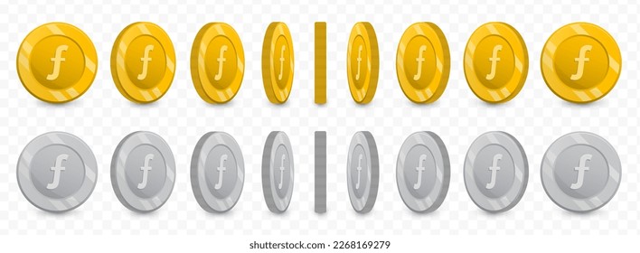 Vector illustration of a collection of antilles guilder currency coins in gold colors and grayscale isolated on transparent background (PNG).