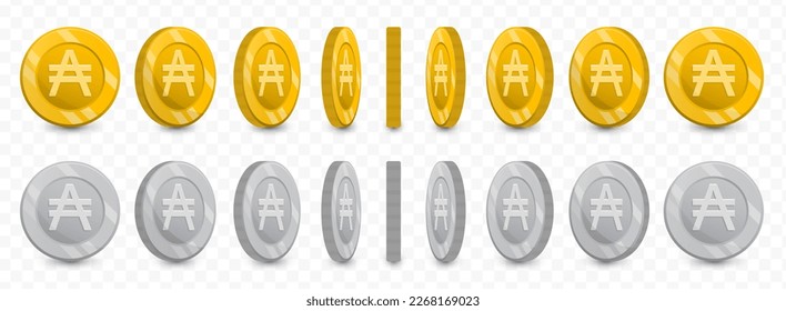 Vector illustration of a collection of Argentine austral currency coins in gold colors and grayscale isolated on transparent background (PNG).