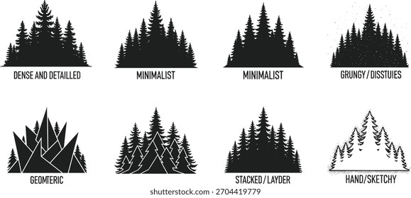 Vector illustration collection of artistic tree styles including dense, minimalist, grungy, geometric, layered, and sketchy forest silhouettes, creative design variations, isolated elements