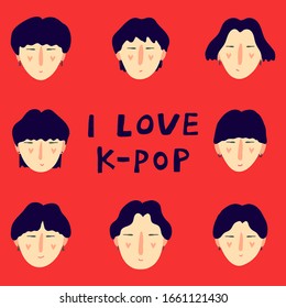 Vector illustration with collection of asian young men's faces. Lettering "I love k-pop". Korean pop boy band. Design for stickers, posters, cards, shirts. Colorful music background.