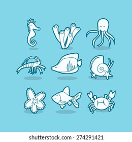 A vector illustration of a collection of assorted sea creatures in cool line art style.
