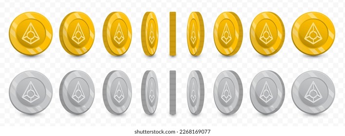 Vector illustration of a collection of Augur currency coins in gold colors and grayscale isolated on transparent background (PNG).