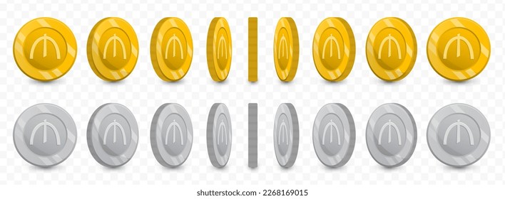 Vector illustration of a collection of Azerbaijani manat currency coins in gold colors and grayscale isolated on transparent background (PNG).