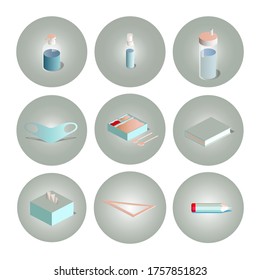 Vector illustration collection of back to school item. Consist of drink bottle, soap, hand sanitizer, protective face mask, lunch box, book, tissue, triangle ruler, and pencil.