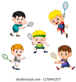vector illustration of collection of badminton children player with the different posing