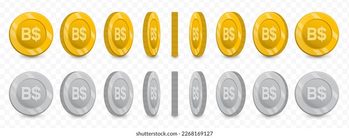 Vector illustration of a collection of Bahamian Dollar  currency coins in gold colors and grayscale isolated on transparent background (PNG).