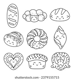 vector illustration of collection bakery food, set of outline bakery characters isolated on white, cartoon style