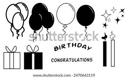 Vector illustration of a collection of balloons, gifts, candles, birthday ribbons, Line art style. on a white background.