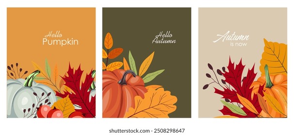 Vector illustration. Collection of banners, cards, covers. Cozy autumn, falling leaves, Thanksgiving, hello autumn. Modern design. Isolated vector.