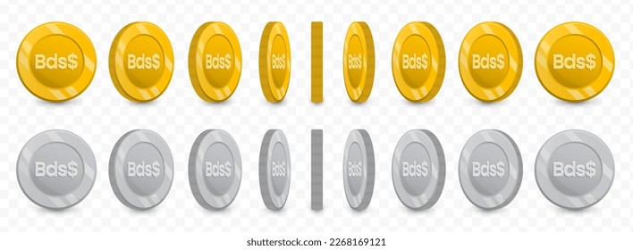 Vector illustration of a collection of Barbados Dollar currency coins in gold colors and grayscale isolated on transparent background (PNG).