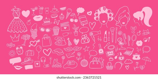 Vector illustration collection of beauty and fashion isolated pink doodles
