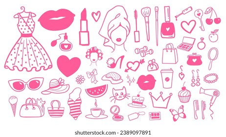 Vector illustration collection of beauty and fashion isolated doodles in pink colors