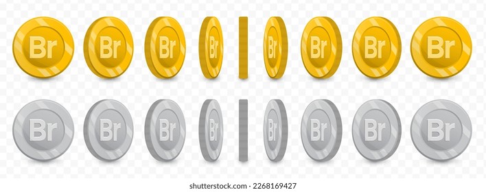 Vector illustration of a collection of Belarusian ruble currency coins in gold colors and grayscale isolated on transparent background (PNG).