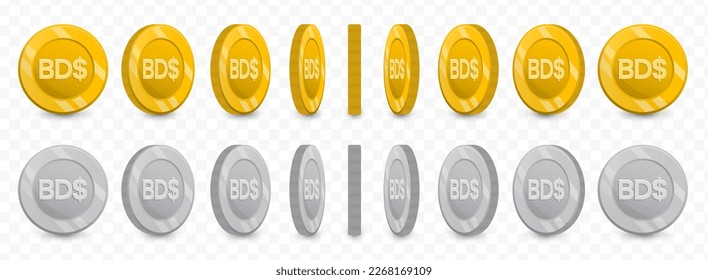 Vector illustration of a collection of Bermuda Dollar  currency coins in gold colors and grayscale isolated on transparent background (PNG).