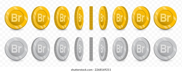 Vector illustration of a collection of birr ethiopia currency coins in gold colors and grayscale isolated on transparent background (PNG).