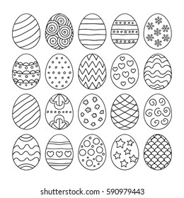 Vector illustration: collection of black contour egg icons with different ornaments for Easter holidays design isolated on white background.