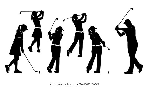 vector illustration: A collection of black silhouette vector illustrations showing a female golfer in different positions of her swing