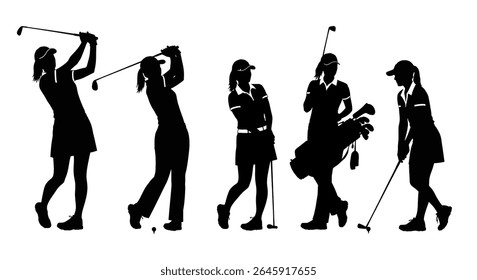 ilustração vetorial: Uma coleção de ilustrações vetoriais de silhueta preta mostrando uma golfista feminina em diferentes posições de seu balanço