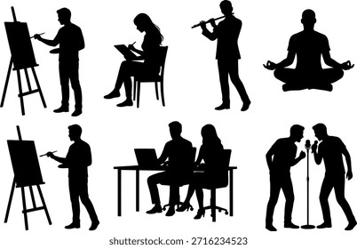 Ilustración vectorial colección de siluetas negras que representan varias actividades y pasatiempos humanos. El conjunto incluye artistas pintando en un caballete, un músico tocando la flauta, una persona meditando en una pose de loto de yoga, una mujer dibujando, un equipo trabajando en una computadora portátil en un escritorio y cantantes actuando con micrófonos. Ideal para proyectos de estilo de vida, creativos y de diseño artístico. Aislado sobre fondo blanco.