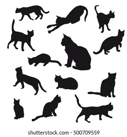 Vector illustration. Collection of black silhouettes of cats on a white background.