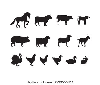 
ilustración vectorial. colección de iconos de siluetas de mascotas en blanco y negro. conjunto de ganado. granja. animales. símbolo o signo.