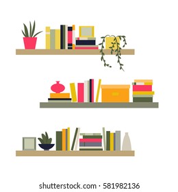 Vector illustration. The collection of bookshelves. Home library. The elements for graphic design. Flat style.