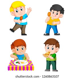 vector illustration of the collection of the boy eating and holding the food