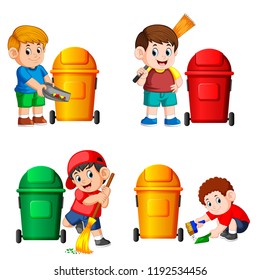 vector illustration of the collection of the boy with the trash bin in the different posing