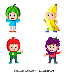 vector illustration of the collection boys pose using the fruits costume with different colour