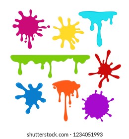 Vector illustration collection of bright colorful paint spots and splatters Isolated on white background.