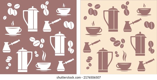 Ilustración de vectores fondo marrón con elementos de café y utensilios