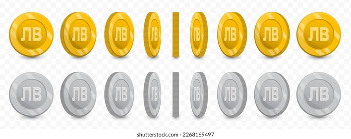 Vector illustration of a collection of Bulgarian lev currency coins in gold colors and grayscale isolated on transparent background (PNG).