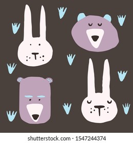 Vector illustration with collection of bunnies and bears heads drawn by hand. Set of cute animals faces for decoration kid room. cover. shirt, card, poster. Funny creatures. Design elements.