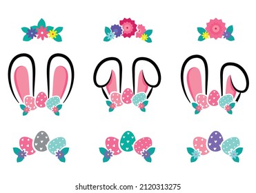Vector illustration of collection of bunny ears with berries and hair headbands made of flowers on white isolated background
