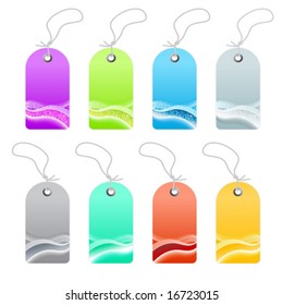 Vector illustration of a collection of business wavy retro retail tags or labels. Modern waves and squares abstract textures. Eight color variations.