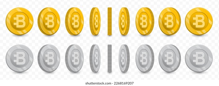 Vector illustration of a collection of Bytecoin currency coins in gold colors and grayscale isolated on transparent background (PNG).