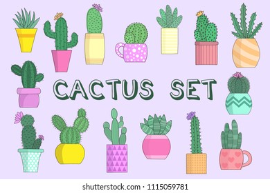 Vector illustration of a collection of cacti in flower pots on a light background. Set of color images with an inscription cactus set