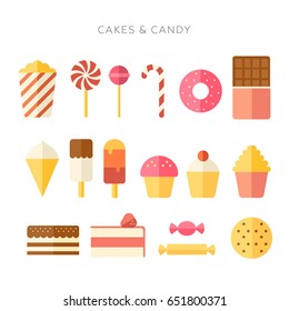 Vector illustration. Collection cakes and candy. Set sweet products. Icons in the style flat design. White background isolated