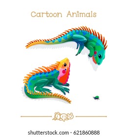 vector illustration collection Cartoon Animals. Two multicolored iguanas and bug. Clip art isolated on transparent background. Graphics characters. Hand drawn creatures. Nature design elements