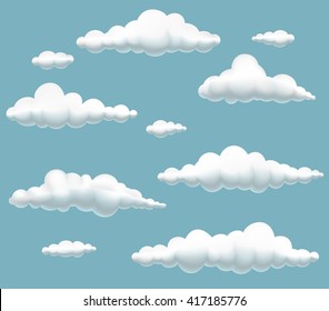 vector illustration of collection cartoon clouds  in the sky, spherical volumetric clouds on blue background, clouds set
